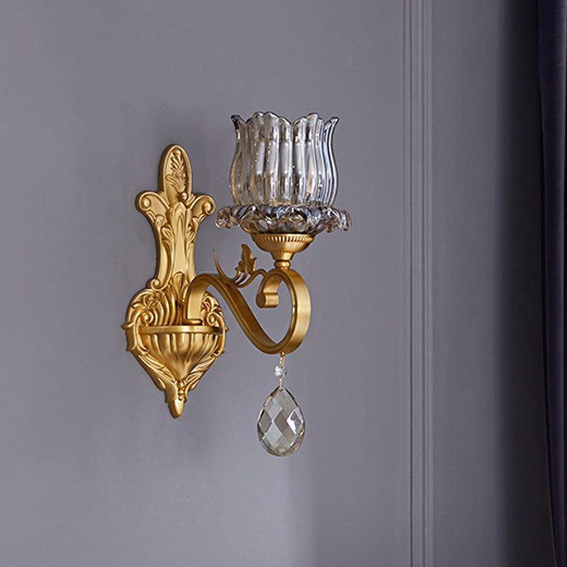 Skørter | 1 Light Flower Wall Lighting Ideas Traditional golden finish crystal wall lamp with curved arm