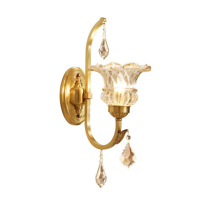 Skørter | Fluted Crystal Wall Mounted Light Fixture Classic 1 Head Dining Room Wall Lamps in Gold with Curved Arm