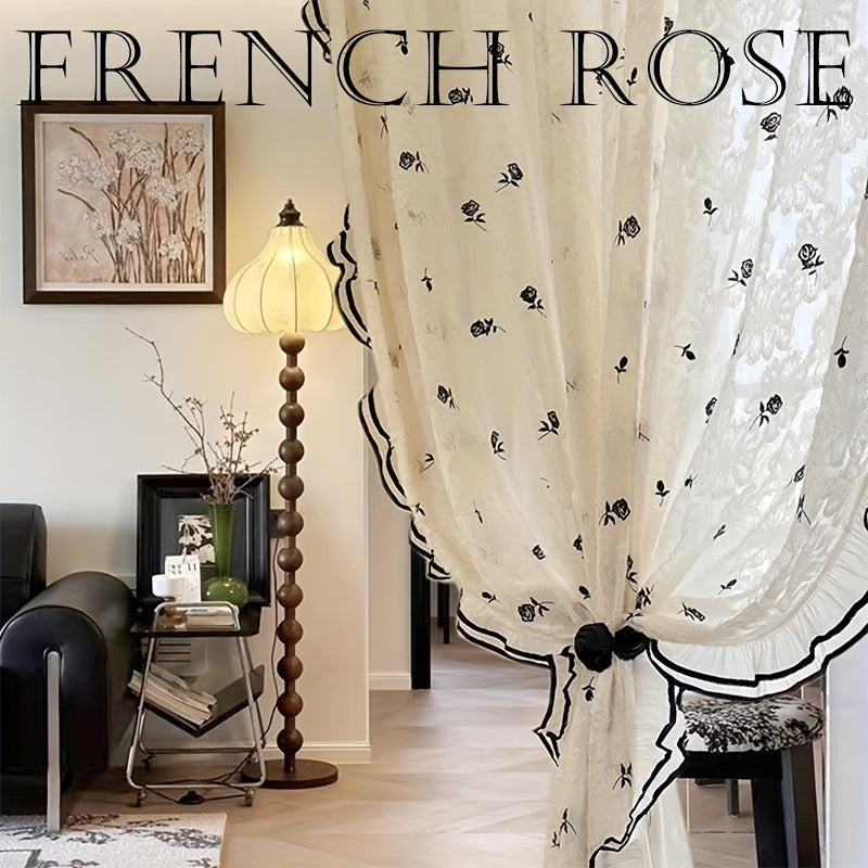 Rynx | Elegant French Romantic Rose Embroidered Curtains - 2 Piece Set, Beige & Cream Ruffle Design for Living Room and Bedroom, Light Filtering Rod Pocket Curtains