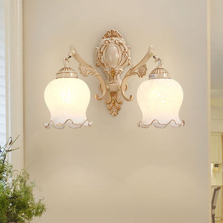 Skørter | 1/2-Bulb Flower Wall Lamp Fixture Traditional White Glass Wall Lamp Lighting for Living Room