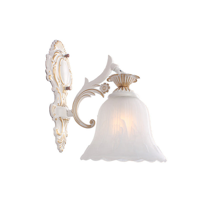 Skørter | Traditional Bell Wall Lamp 1/2-Bulb White Glass Wall Lighting Fixture with Carved Arm for Bedroom