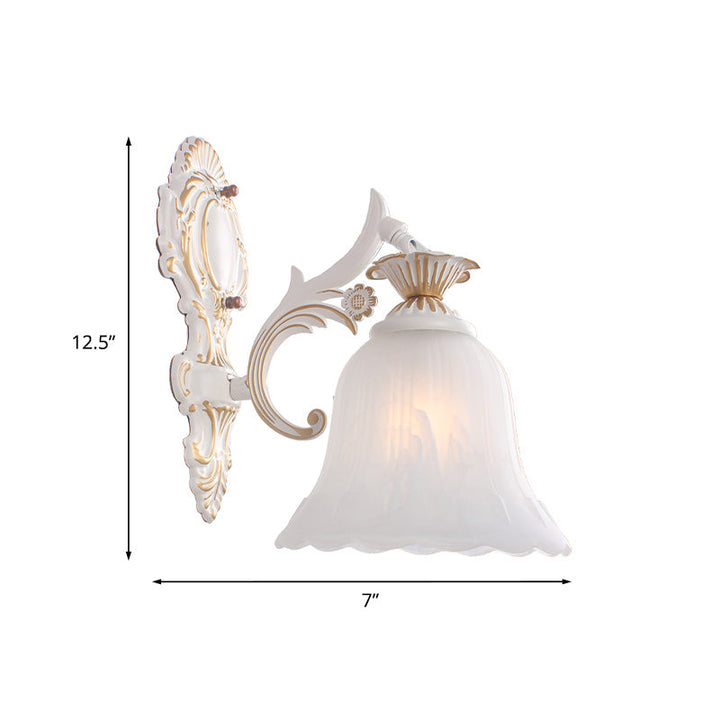 Skørter | Traditional Bell Wall Lamp 1/2-Bulb White Glass Wall Lighting Fixture with Carved Arm for Bedroom