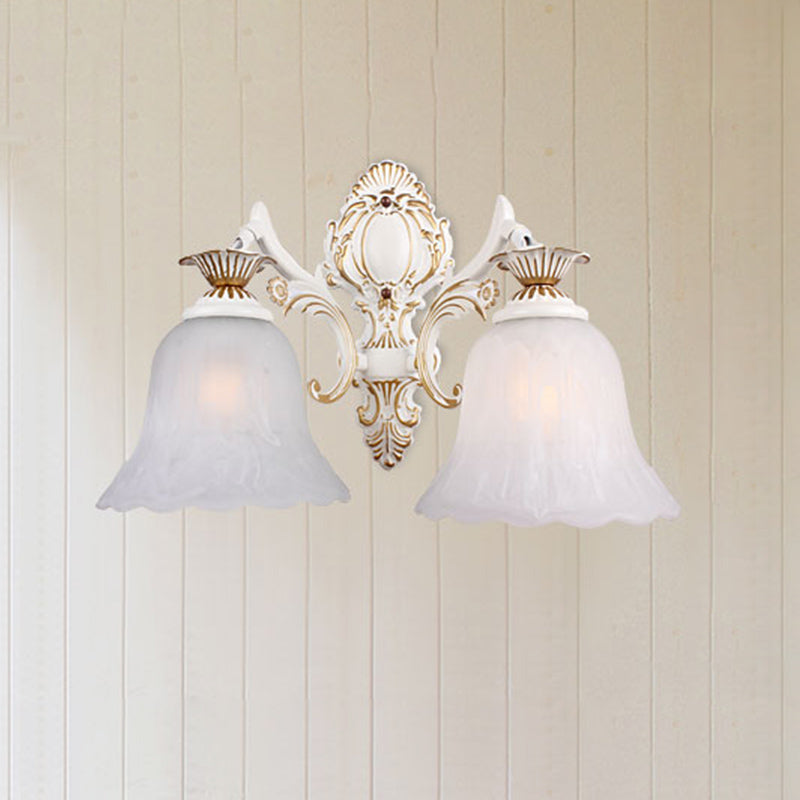 Skørter | Traditional Bell Wall Lamp 1/2-Bulb White Glass Wall Lighting Fixture with Carved Arm for Bedroom