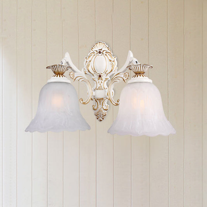 Skørter | Traditional Bell Wall Lamp 1/2-Bulb White Glass Wall Lighting Fixture with Carved Arm for Bedroom