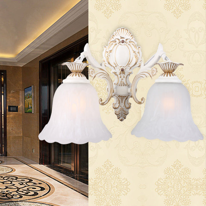 Skørter | Traditional Bell Wall Lamp 1/2-Bulb White Glass Wall Lighting Fixture with Carved Arm for Bedroom