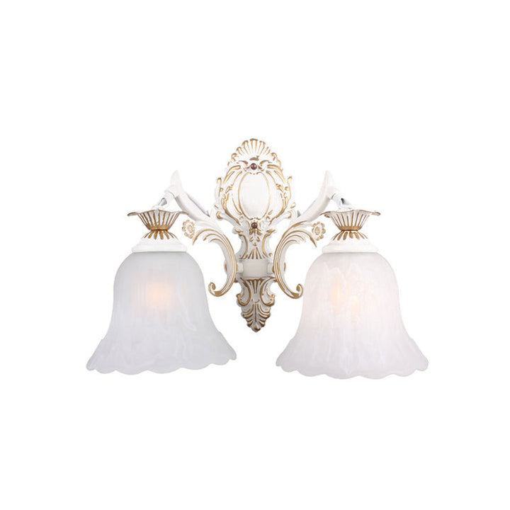 Skørter | Traditional Bell Wall Lamp 1/2-Bulb White Glass Wall Lighting Fixture with Carved Arm for Bedroom