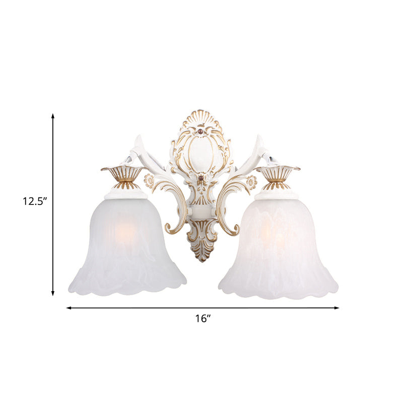Skørter | Traditional Bell Wall Lamp 1/2-Bulb White Glass Wall Lighting Fixture with Carved Arm for Bedroom