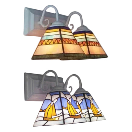 Lisslune | Pyramid Wall Lamp Tiffany Style Stainless Steel Glass 2 Lights White Vanity Wall Lamp for Living Room, Mediterranean / Boat