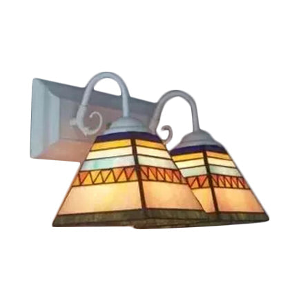 Lisslune | Pyramid Wall Lamp Tiffany Style Stainless Steel Glass 2 Lights White Vanity Wall Lamp for Living Room, Mediterranean / Boat