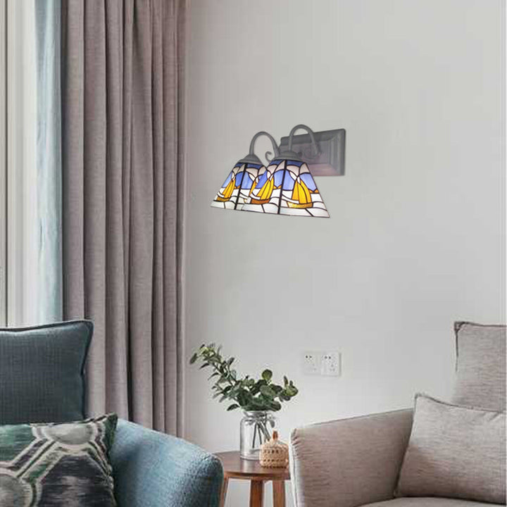 Lisslune | Pyramid Wall Lamp Tiffany Style Stainless Steel Glass 2 Lights White Vanity Wall Lamp for Living Room, Mediterranean / Boat