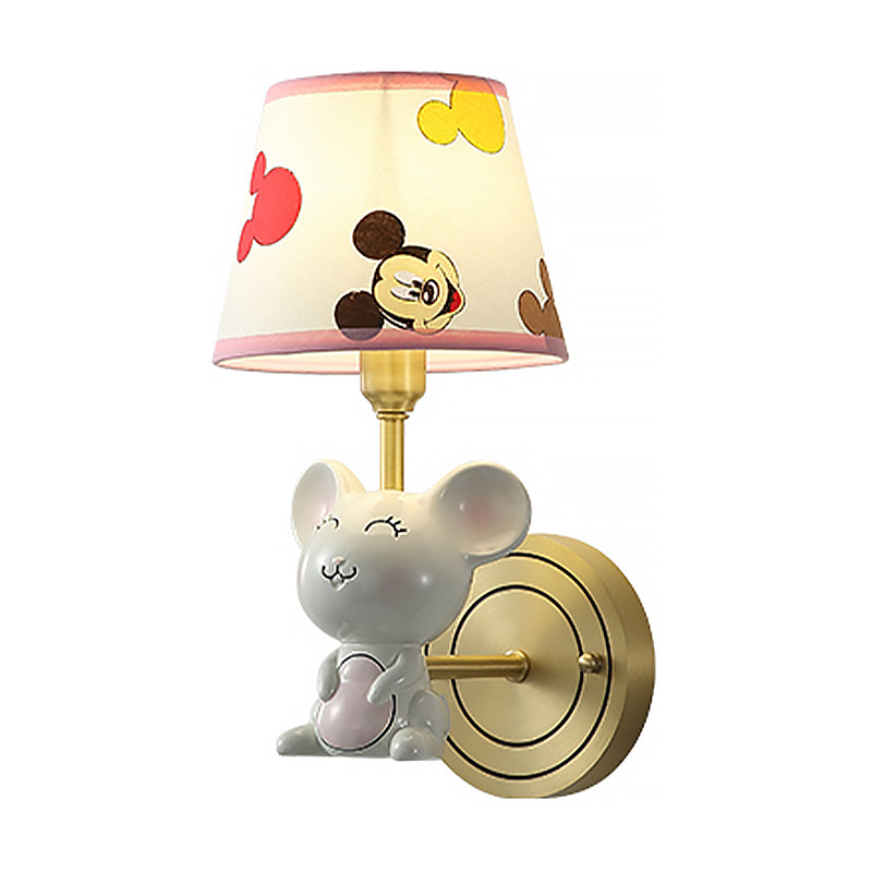 Skørter | Single-Head Bedroom Wall Lamp Cartoon Gold Wall Lamp with Barrel Fabric Shade and Mouse Decor