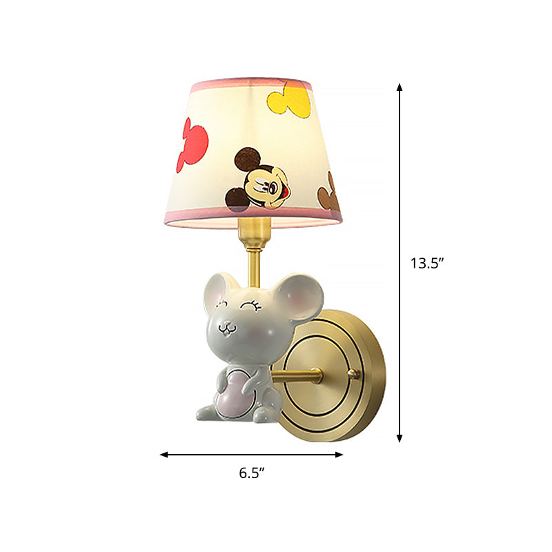 Skørter | Single-Head Bedroom Wall Lamp Cartoon Gold Wall Lamp with Barrel Fabric Shade and Mouse Decor