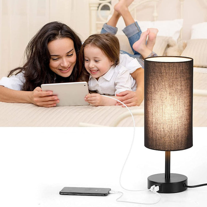 Lisslune | Lamp with USB connection Touch-Control Table Lamp for Bedroom Wood 3-stage dimmable Bedside Lamp with Round Linen Fabric Shade for Living Room, Student Dorm, Home Office