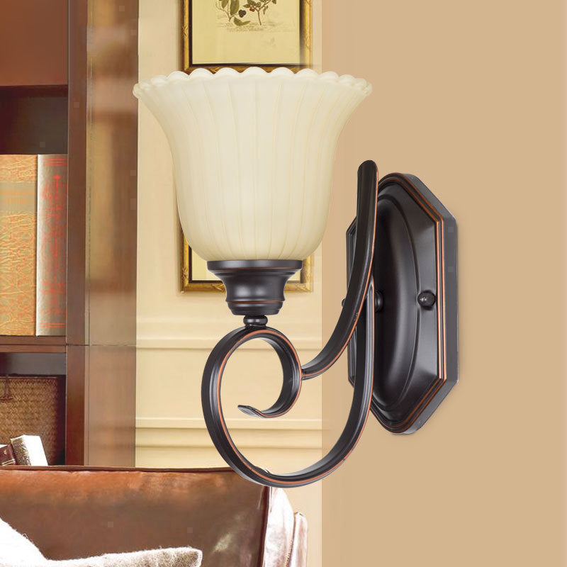 Skørter | 1 Head Wall Light Antique Corner Wall Sconce with Bloom White Glass Shade in Black