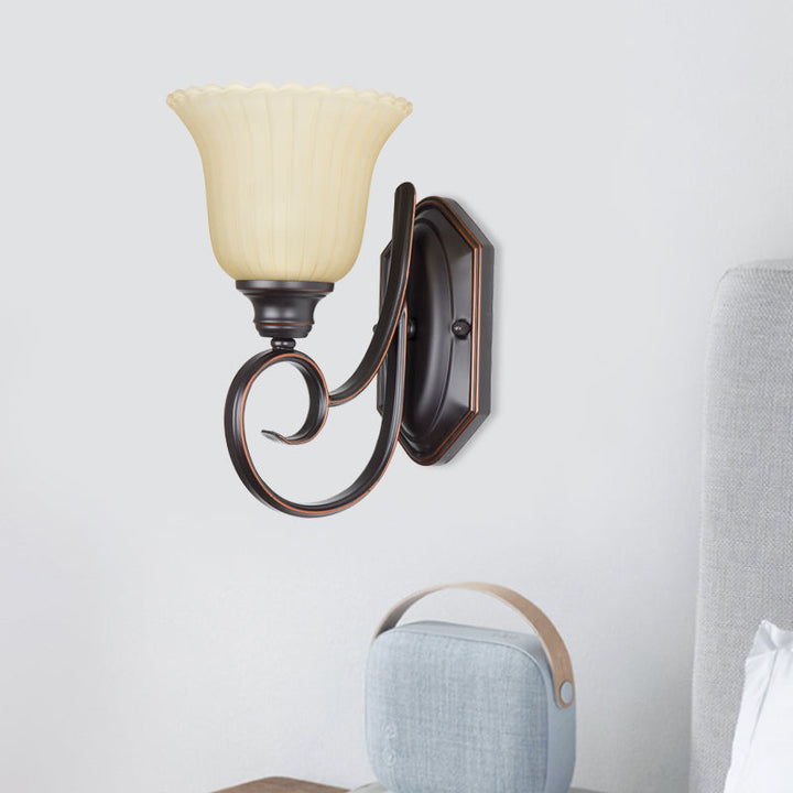 Skørter | 1 Head Wall Light Antique Corner Wall Sconce with Bloom White Glass Shade in Black