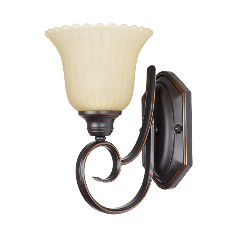 Skørter | 1 Head Wall Light Antique Corner Wall Sconce with Bloom White Glass Shade in Black