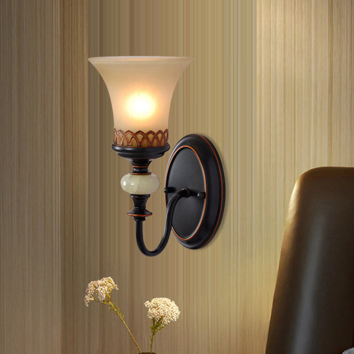 Skørter | Black Bell-Up-Wall Mount Vintage Tan Glass 1 Bulb Living Room Wall Light Fixture