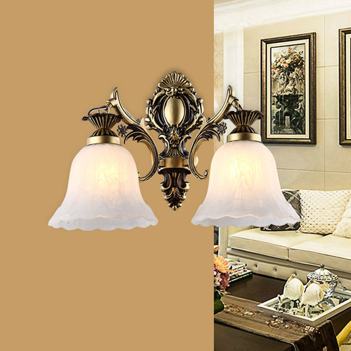 Skørter | Cream Glass Flower Shaped Wall Lamp Vintage 1/2 Cups Indoor Wall Lighting in Bronze