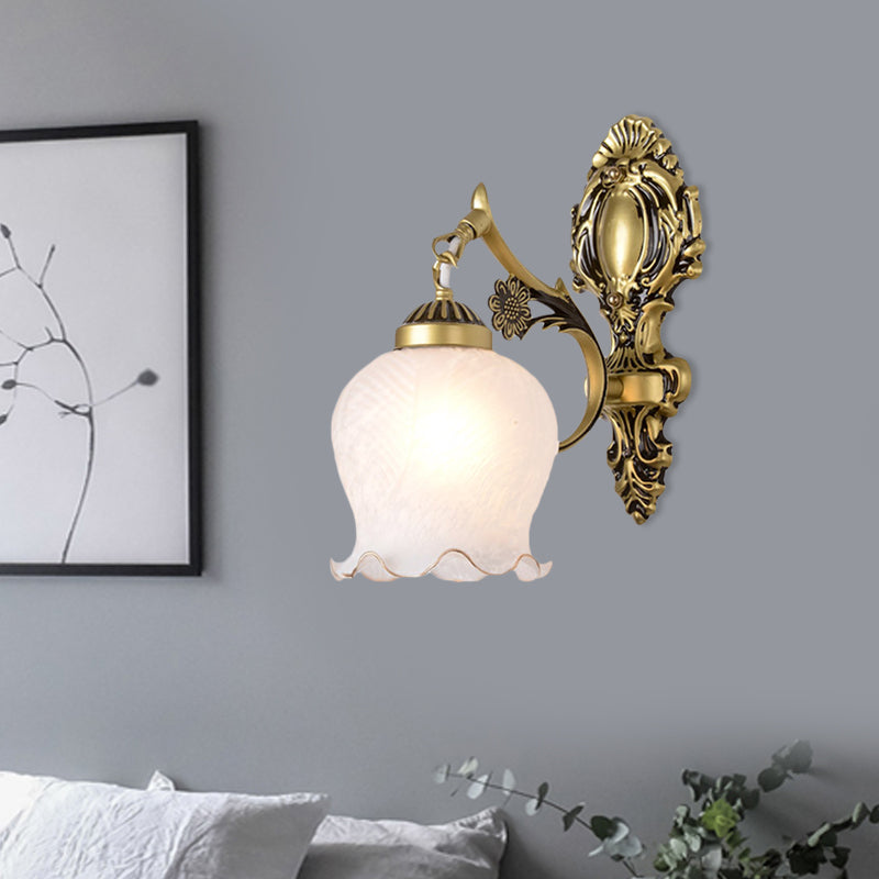Skørter | Antiqued Flower Wall Mount Lighting 1/2-Cup Opal Glass Wall Lamp Fixture in Bronze for Bedroom