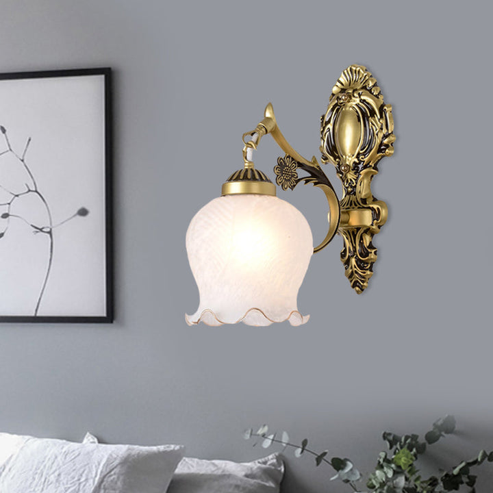 Skørter | Antiqued Flower Wall Mount Lighting 1/2-Cup Opal Glass Wall Lamp Fixture in Bronze for Bedroom