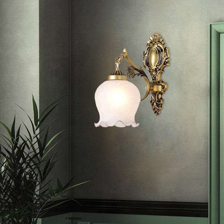 Skørter | Antiqued Flower Wall Mount Lighting 1/2-Cup Opal Glass Wall Lamp Fixture in Bronze for Bedroom