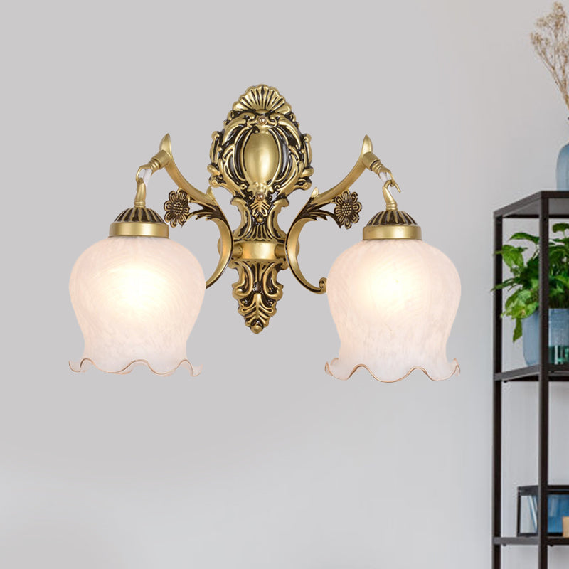 Skørter | Antiqued Flower Wall Mount Lighting 1/2-Cup Opal Glass Wall Lamp Fixture in Bronze for Bedroom