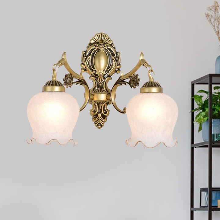 Skørter | Antiqued Flower Wall Mount Lighting 1/2-Cup Opal Glass Wall Lamp Fixture in Bronze for Bedroom