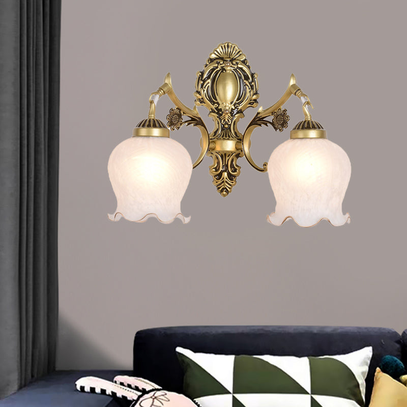 Skørter | Antiqued Flower Wall Mount Lighting 1/2-Cup Opal Glass Wall Lamp Fixture in Bronze for Bedroom