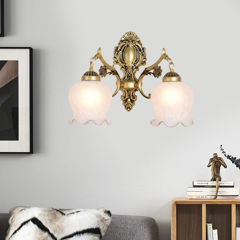 Skørter | Antiqued Flower Wall Mount Lighting 1/2-Cup Opal Glass Wall Lamp Fixture in Bronze for Bedroom