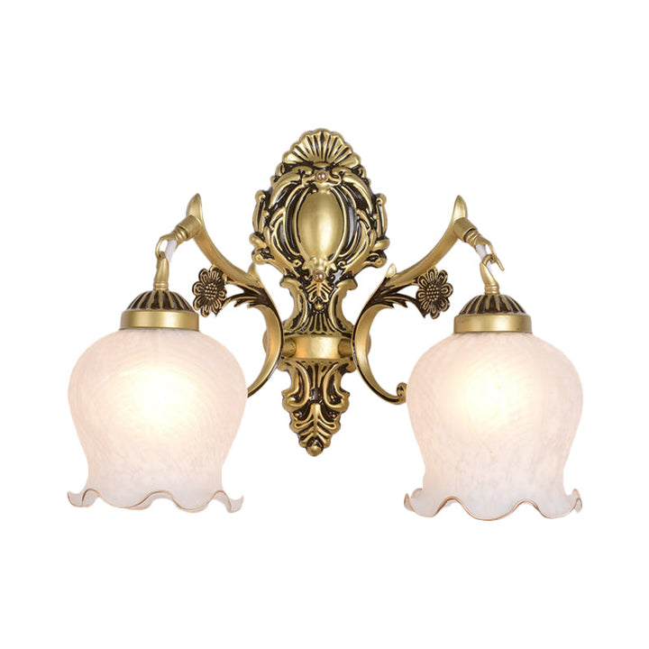 Skørter | Antiqued Flower Wall Mount Lighting 1/2-Cup Opal Glass Wall Lamp Fixture in Bronze for Bedroom