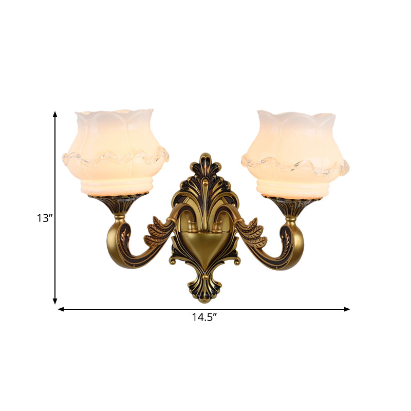 Skørter | Vintage Curved Arm Wall Lighting Idea 1/2-Ball Metal Wall Lamp in Brass with Floral Milk Glass Shade