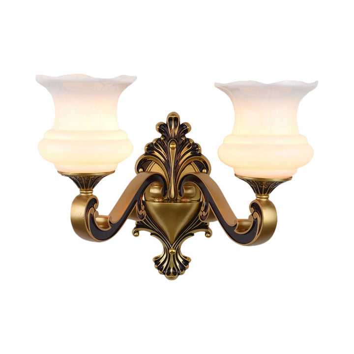 Skørter | Vintage Curved Arm Wall Lighting Idea 1/2-Ball Metal Wall Lamp in Brass with Floral Milk Glass Shade