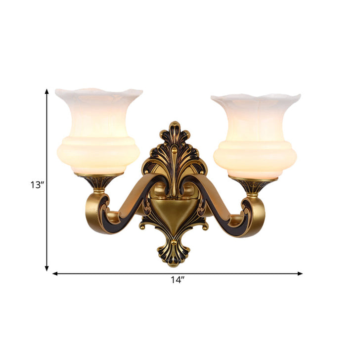 Skørter | Vintage Curved Arm Wall Lighting Idea 1/2-Ball Metal Wall Lamp in Brass with Floral Milk Glass Shade