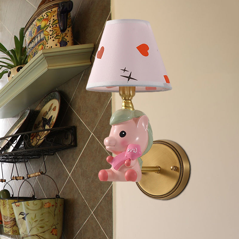 Skørter | Barrel Metal Wall Lamp Children Single Light Pink/Blue Wall Mounted Lighting with Cartoon Pony Base