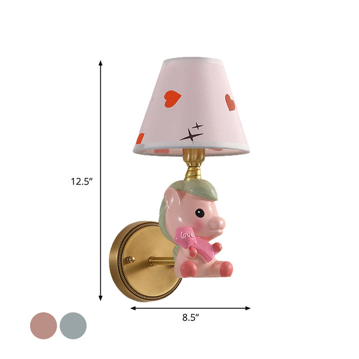 Skørter | Barrel Metal Wall Lamp Children Single Light Pink/Blue Wall Mounted Lighting with Cartoon Pony Base