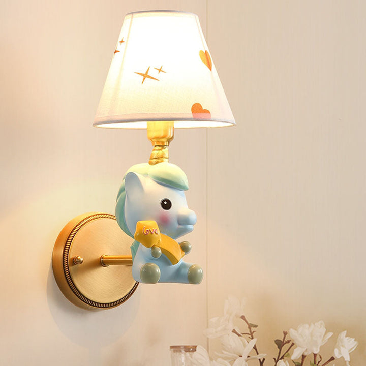 Skørter | Barrel Metal Wall Lamp Children Single Light Pink/Blue Wall Mounted Lighting with Cartoon Pony Base