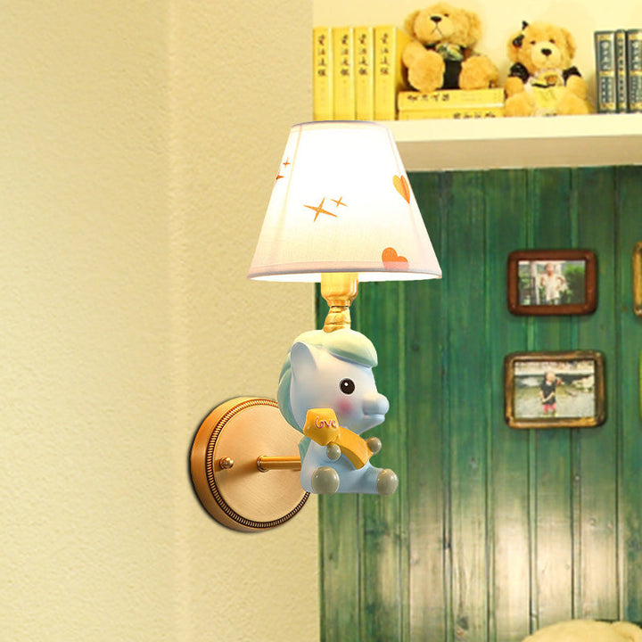 Skørter | Barrel Metal Wall Lamp Children Single Light Pink/Blue Wall Mounted Lighting with Cartoon Pony Base
