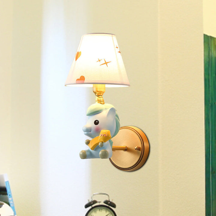 Skørter | Barrel Metal Wall Lamp Children Single Light Pink/Blue Wall Mounted Lighting with Cartoon Pony Base