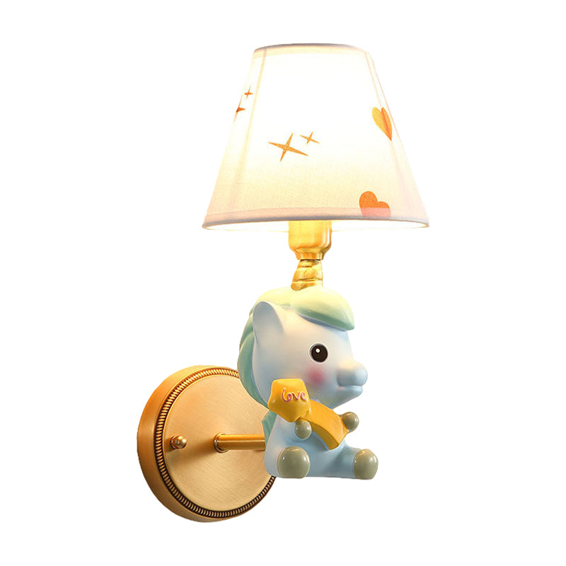 Skørter | Barrel Metal Wall Lamp Children Single Light Pink/Blue Wall Mounted Lighting with Cartoon Pony Base