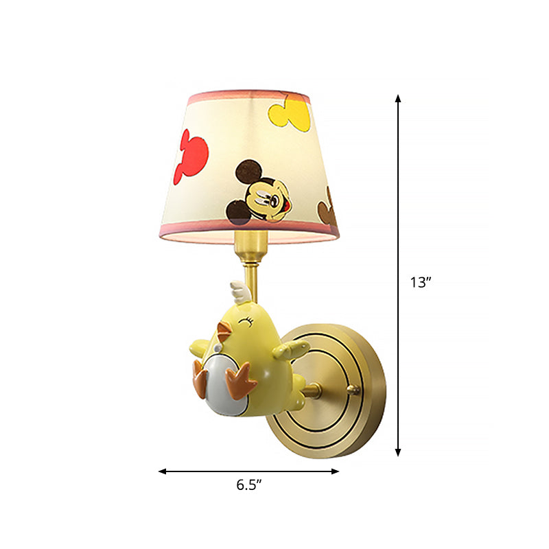 Skørter | Metal Chicken Wall Lamp Cartoon 1 Light Wall Lighting with Pattern Fabric Shade for Bedroom in Yellow