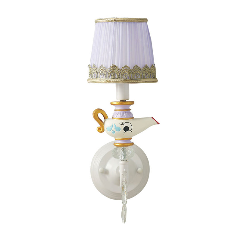 Skørter | 1 Head Indoor Wall Lighting Contemporary White-Gold Wall Lamp with Barrels Fabric Shade and Teapot Deco