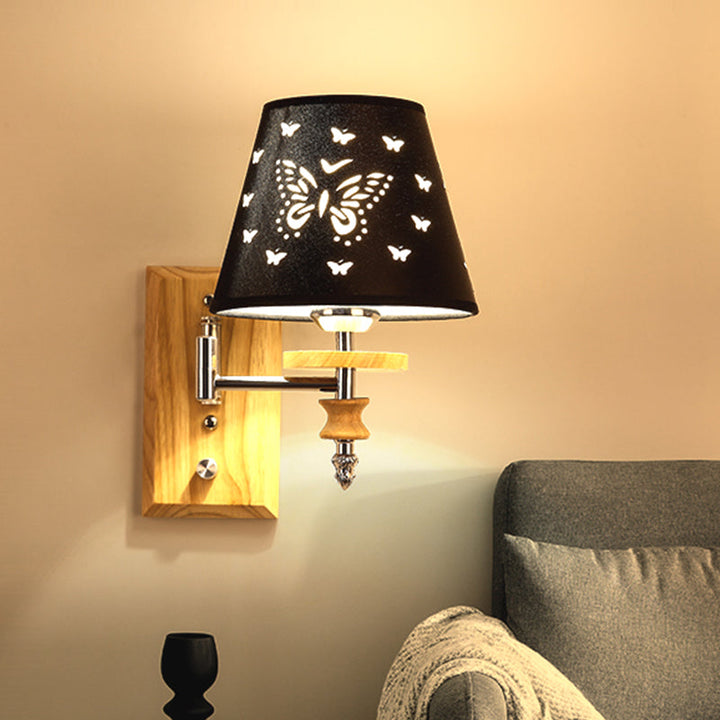 Skørter | Black Synthetic Fabric Wall Lamp Children 1/2 Lights Wooden Wall Mounted Lamp with Butterfly Pattern