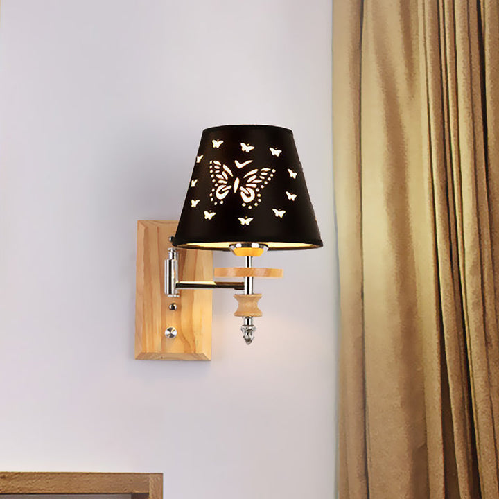 Skørter | Black Synthetic Fabric Wall Lamp Children 1/2 Lights Wooden Wall Mounted Lamp with Butterfly Pattern