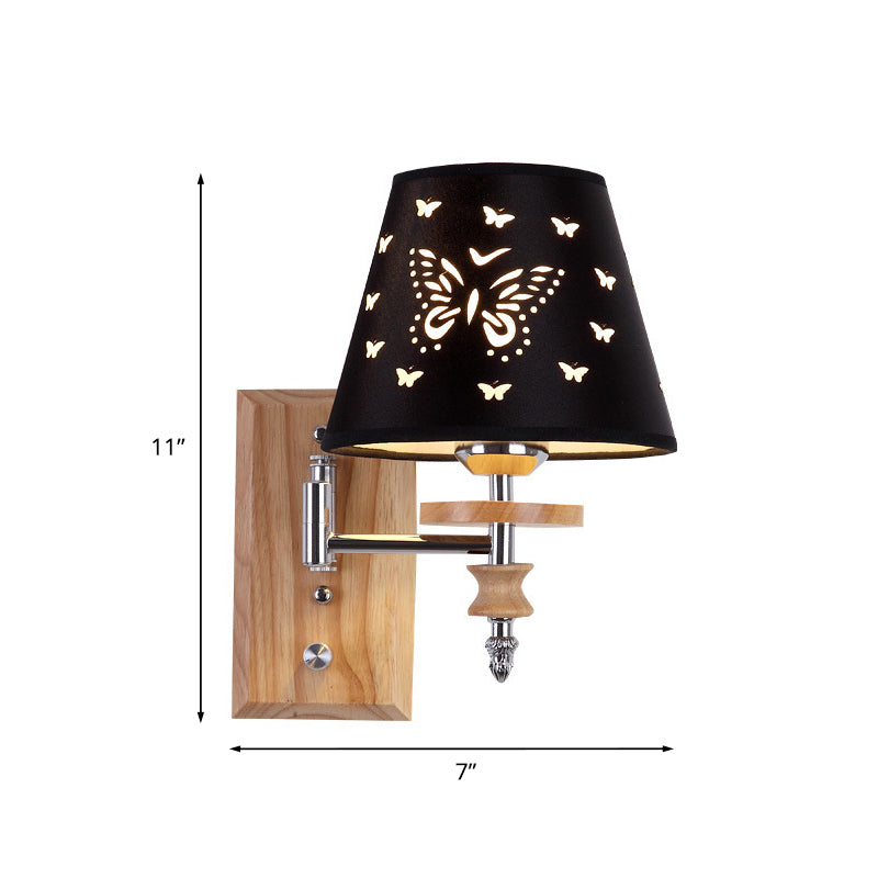 Skørter | Black Synthetic Fabric Wall Lamp Children 1/2 Lights Wooden Wall Mounted Lamp with Butterfly Pattern