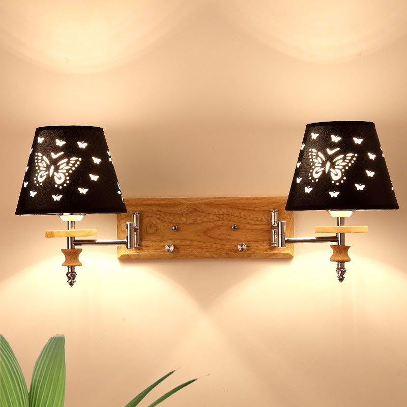 Skørter | Black Synthetic Fabric Wall Lamp Children 1/2 Lights Wooden Wall Mounted Lamp with Butterfly Pattern