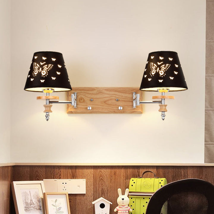 Skørter | Black Synthetic Fabric Wall Lamp Children 1/2 Lights Wooden Wall Mounted Lamp with Butterfly Pattern