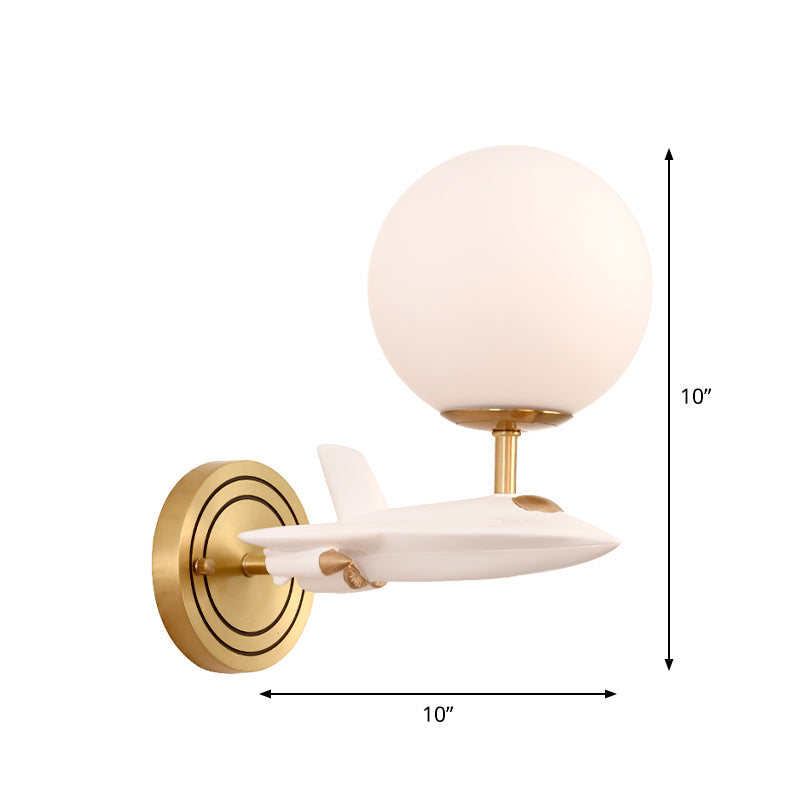 Skørter | Kids Spaceship Shape Base Gold Wall Light Fixture 1/2 Bulbs Sconce Light with Globe Cream Glass Shade in White and Gold