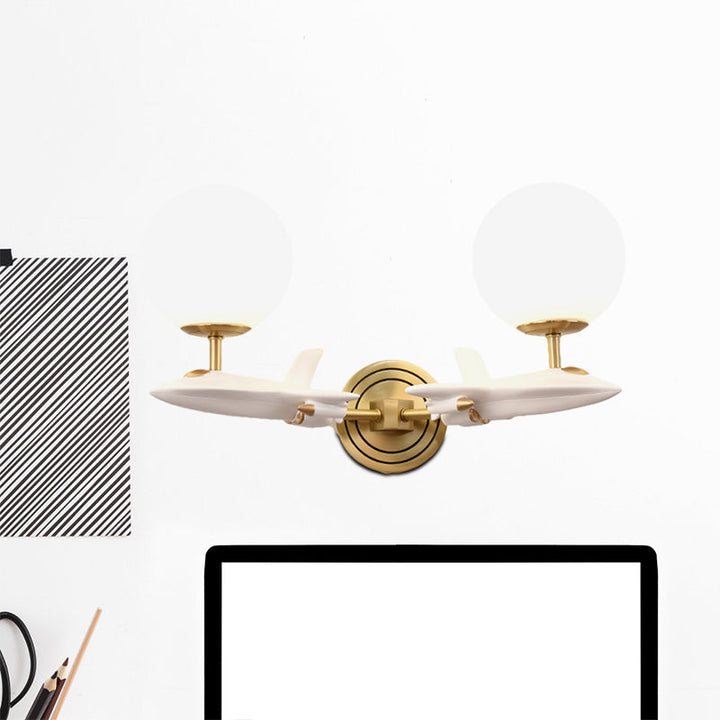 Skørter | Kids Spaceship Shape Base Gold Wall Light Fixture 1/2 Bulbs Sconce Light with Globe Cream Glass Shade in White and Gold