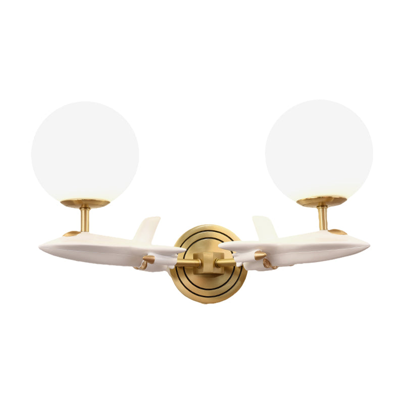 Skørter | Kids Spaceship Shape Base Gold Wall Light Fixture 1/2 Bulbs Sconce Light with Globe Cream Glass Shade in White and Gold