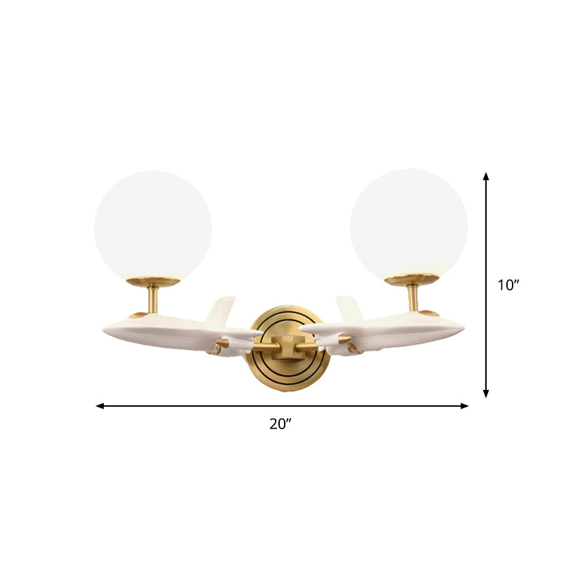 Skørter | Kids Spaceship Shape Base Gold Wall Light Fixture 1/2 Bulbs Sconce Light with Globe Cream Glass Shade in White and Gold